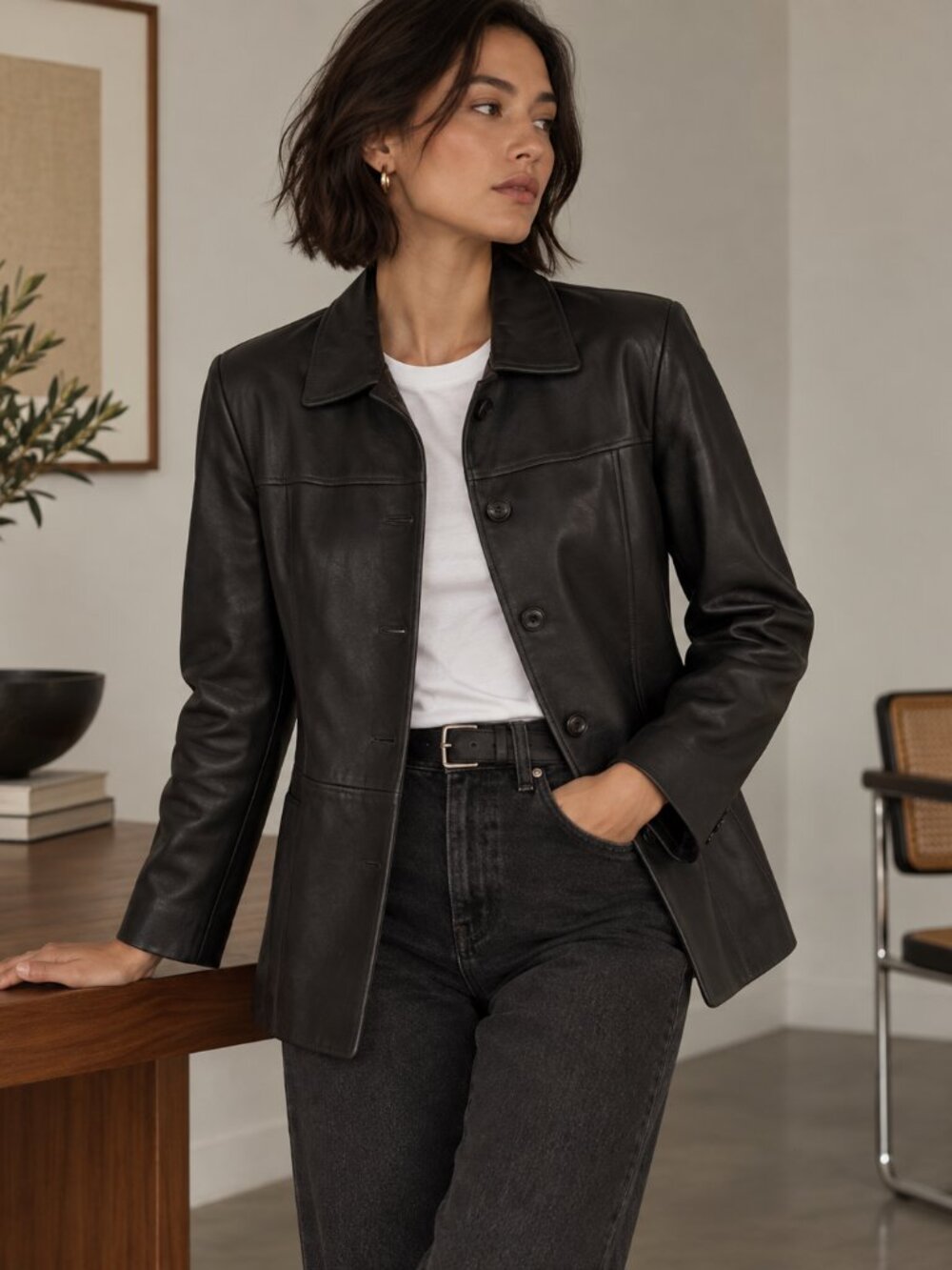 Vintage Black Genuine Leather Blazer Jacket Minimalist 90s Size 10 ✨